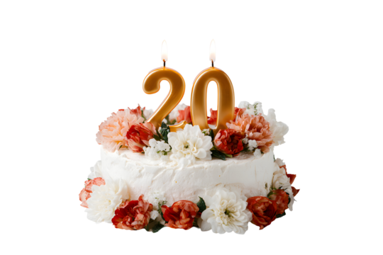 Birthday cake with candles-numbers transparent background for designers, marketers and IT professionals. Popular illustration, object, texture. Food, flowers, natural space for text. Positive.