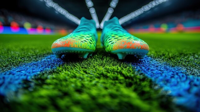 Colorful soccer cleats await on the field, ready for an exciting game