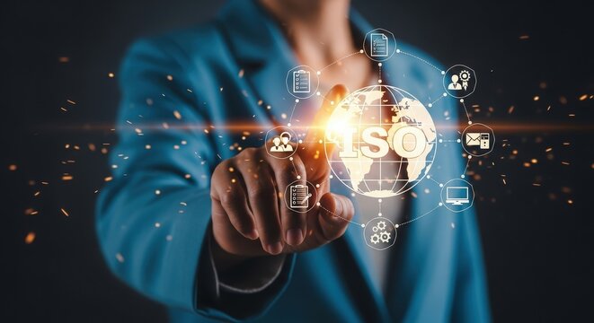 Businesswoman touching virtual screen with iso icon and global network symbols