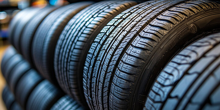 Stacked black car tires in tire store for sale display Generative AI