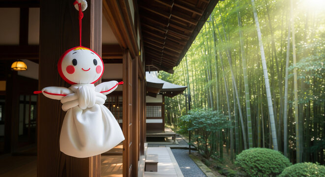 A cheerful teru teru bozu doll hangs outside a traditional Japanese house amid bamboo forest, glowing in soft morning sunlight.