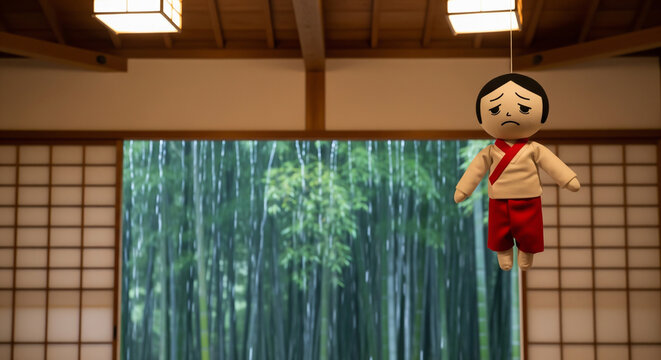 A traditional Japanese Teru Teru Bozu doll hanging indoors with a bamboo forest background, symbolizing wishes for sunny weather and peace.