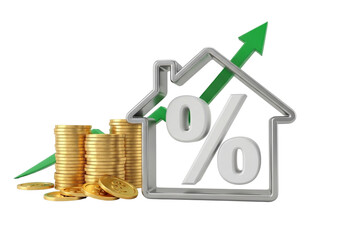 House percentage symbol with stacks of coins and upward arrow isolated on transparent background