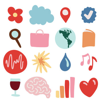 Office and Study Doodle Icons with Flower, Cloud, Location, Checkmark, Search, Shopping Bag, World Globe, Book, Wave, Star, Water Drop, Music Notes, Red Wine, Brain, Bar Graph and Heart 