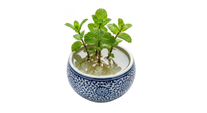 Fresh green mint plant growing in a decorative blue and white patterned pot isolated on transparent background