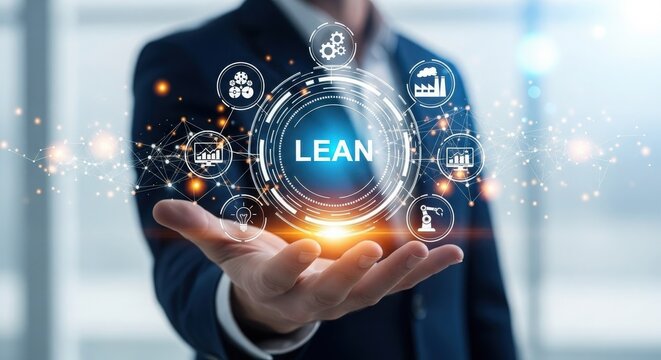 Business person presenting lean manufacturing management concept on virtual screen display