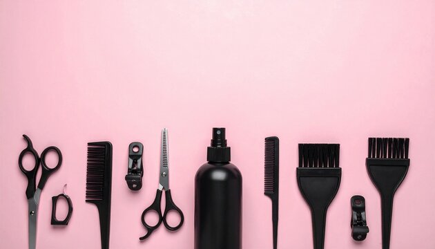 Hairdressing tools set out on a pastel pink background in an overhead shot