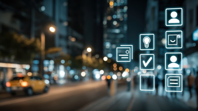 customer service experience personalization concept. Urban night scene with digital icons overlaying a busy street.