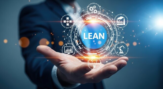 A man holding a digital display of the word lean and business icons