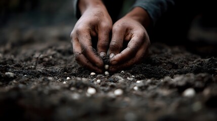 Close up of hands gently sowing small seeds into dark fertile soil representing new beginnings and growth