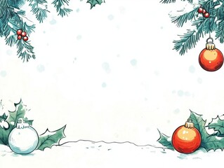 Christmas background in watercolor style for graphic design or wallpaper. Pine leaf template with Christmas decorations on a white background for text.