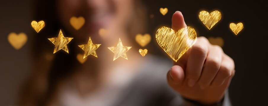 customer service experience personalization concept. A hand reaching out to touch glowing hearts and stars in a dark background.