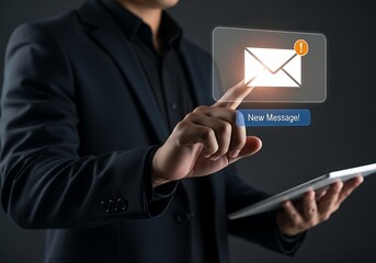 Businessman interacts with glowing email icon on futuristic digital display screen