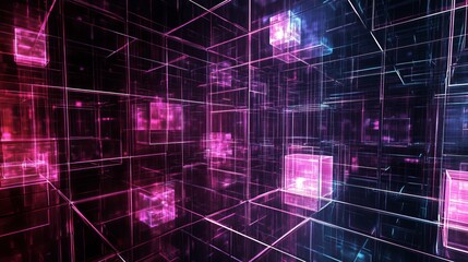Dynamic digital data visualization representing complex network connections with glowing cubes and lines, perfect for tech backgrounds