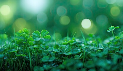 Lush green clover and grass field with soft bokeh lights