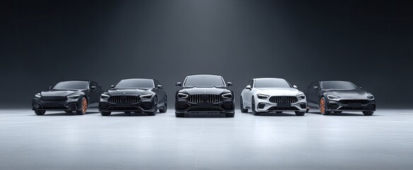 Five sleek cars arranged on a polished surface under studio lighting