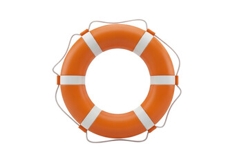 An orange lifebuoy with white stripes and rope on a transparent background, isolated on transparent background