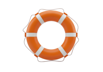 An orange lifebuoy with white stripes and rope on a transparent background, isolated on transparent background