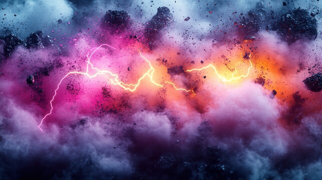 Vivid clouds blend with bright lightning, creating a surreal cosmic scene full of energy