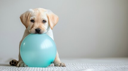 Playful puppy interacts with a soft blue balloon in a bright, friendly environment