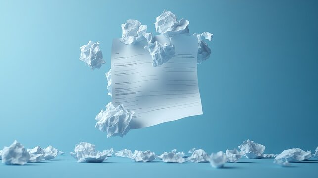 Ideas take flight as crumpled paper swirls in a calming blue background