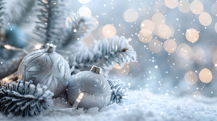 Magical winter snowfall on a decorated christmas tree with bokeh lights