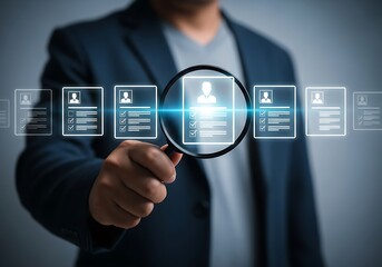 Recruiter uses magnifying glass to review digital candidate profiles for hiring