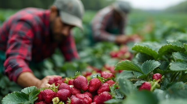 Agricultural workers tend to rows of ripe red strawberries harvesting the fresh fruit in a verdant field under natural light