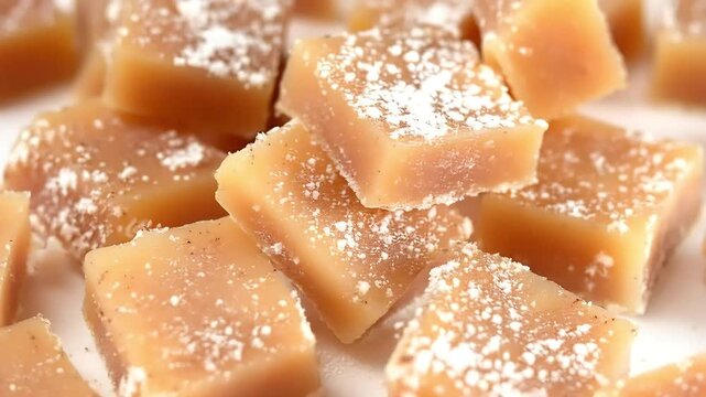 Homemade caramel fudge candies sprinkled with powdered sugar, close up shot