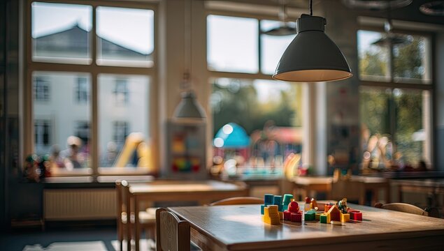 Bright, empty classroom with building blocks on a table