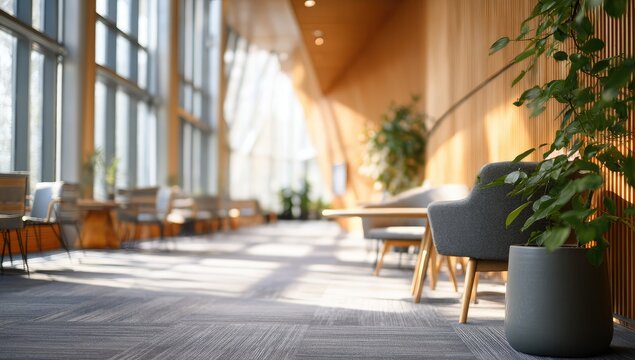 Sunny modern lounge with plants, wood walls, and chairs - Powered by Adobe