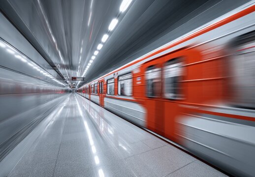 Blurry orange train speeds through modern, illuminated subway tunnel