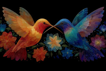 Fototapeta premium cosmic hummingbirds creating infinity symbol while feeding from star flowers generative ai