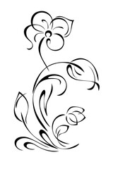 stylized flower on a curved stem with leaves and curls; graphic decor