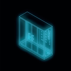 Neon blue shower stall blueprint glowing on dark background, showcasing door, handles, showerhead, and plumbing fixtures