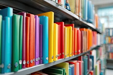 Colorful books fill library shelves in a close-up, blurred background shot