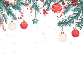 Christmas background in watercolor style for graphic design or wallpaper. Pine leaf template with Christmas decorations on a white background for text.