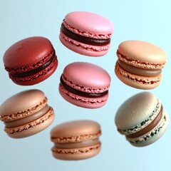 Obraz premium Brightly colored macarons in various flavors hover playfully against a light background