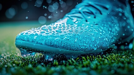 Raindrops glisten on a cleat as the player gets ready to sprint