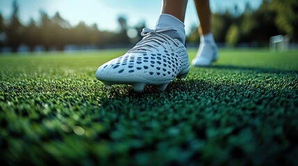 A player prepares to dribble the ball, showcasing their stylish cleats on vibrant grass