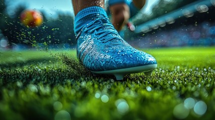 A skilled player takes a powerful kick on the vibrant green field, showcasing agility