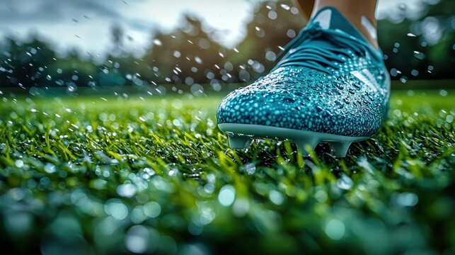 A close view of a soccer cleat kicking up water droplets on lush grass during training - Powered by Adobe