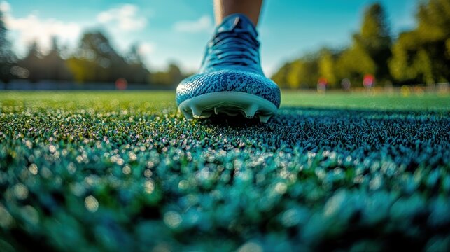 A close up of a soccer cleat poised for movement on a bright green field during the day