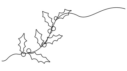 Vector continuous one line art drawing of holly berries leaves icon, for Christmas decoration in minimalist on a white background. Christmas holly berry and leaves simple vector illustration