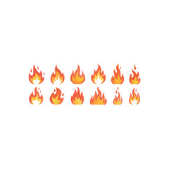 Collection of ten stylized flat fire icons in orange and yellow flame heat
