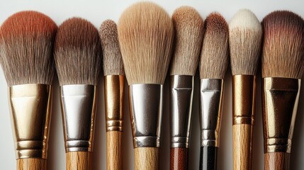A display of makeup brushes of various sizes and bristle types on a clean surface