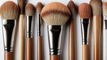 A collection of makeup brushes lined up showcasing diverse styles and sizes for beauty