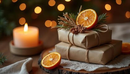 Fototapeta premium Stacked brown paper wrapped gift boxes adorned with orange slices and pine needles near a glowing candle. Cozy holiday season concept.