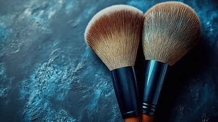 Two makeup brushes rest gracefully on an artistic blue background, ready for use