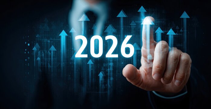 Businessman points at year 2026 with upward growth arrows on digital screen - Powered by Adobe